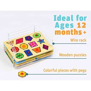 Etna Products Wooden Puzzles Set, Includes 6 Educational Puzzles and Wire Storage Rack - ABC, Numbers, Shapes, Vehicles and Animals - For Kids Age 3 Plus