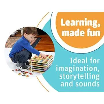 Etna Products Wooden Puzzles Set, Includes 6 Educational Puzzles and Wire Storage Rack - ABC, Numbers, Shapes, Vehicles and Animals - For Kids Age 3 Plus