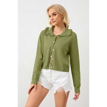 ICOBID Women's Lapel Knitted Long Sleeve Cropped Cardigan Button Ruffle Collar Sweaters Trendy Fall Winter Outwear Coats Green
