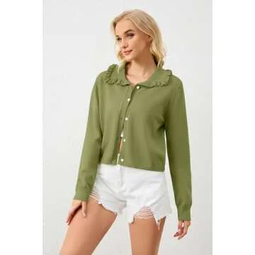 ICOBID Women's Lapel Knitted Long Sleeve Cropped Cardigan Button Ruffle Collar Sweaters Trendy Fall Winter Outwear Coats Green