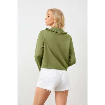 ICOBID Women's Lapel Knitted Long Sleeve Cropped Cardigan Button Ruffle Collar Sweaters Trendy Fall Winter Outwear Coats Green