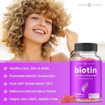 NutraChamps Biotin Gummies 10000mcg [High Potency] for Healthy Hair, Skin & Nails Vitamins for Women, Men & Kids - 5000mcg in Each Hair Vitamins Gummy - Vegan, Non-GMO, Hair Health Supplement