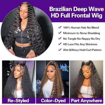 LRV 26 Inch Deep Wave Lace Front Wigs Human Hair, 13x4 HD Curly Lace Front Human Hair Wet Wavy Waterwave Glueless Frontal Deep Wave Wig for Women, Pre Plucked, 180 Density, Average Cap, Tangle Free