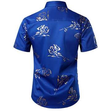 ZEROYAA Mens Hipster Gold Rose Printed Slim Fit Short Sleeve Button Down Dress Shirts ZZCL41 Blue X-Large