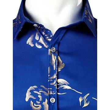 ZEROYAA Mens Hipster Gold Rose Printed Slim Fit Short Sleeve Button Down Dress Shirts ZZCL41 Blue X-Large
