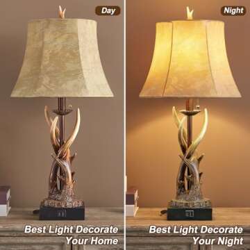 BOWOBO Antler Table Lamps Set of 2 with USB A+C Ports for Bedroom Farmhouse Deer Rustic Bedside Lamp...