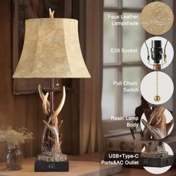 BOWOBO Rustic Antler Table Lamps Set with USB Ports