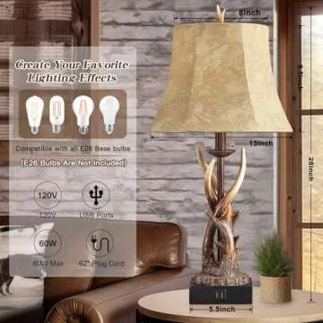 BOWOBO Rustic Antler Table Lamps Set with USB Ports