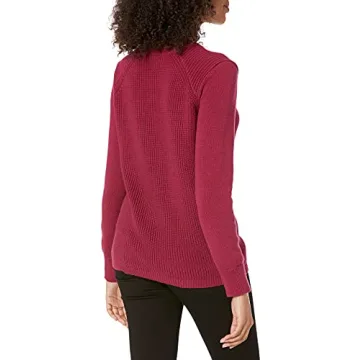 Cable Stitch Women's Raglan Long Sleeve Shaker Stitch Pullover Sweater - Fisherman Rib Knit Crewneck Cotton Top (Small, Marled Mulberry)