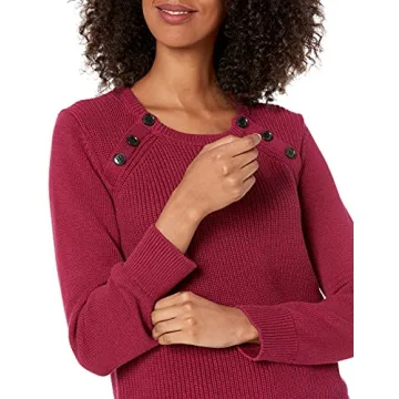 Cable Stitch Women's Raglan Long Sleeve Shaker Stitch Pullover Sweater - Fisherman Rib Knit Crewneck Cotton Top (Small, Marled Mulberry)