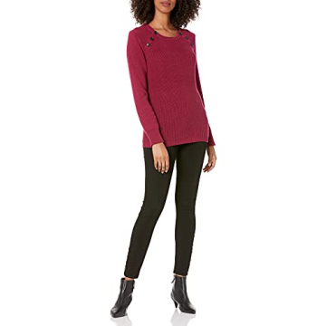 Cable Stitch Women's Raglan Long Sleeve Shaker Stitch Pullover Sweater - Fisherman Rib Knit Crewneck Cotton Top (Small, Marled Mulberry)
