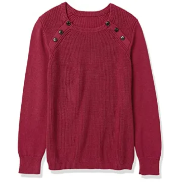 Cable Stitch Women's Raglan Long Sleeve Shaker Stitch Pullover Sweater - Fisherman Rib Knit Crewneck Cotton Top (Small, Marled Mulberry)
