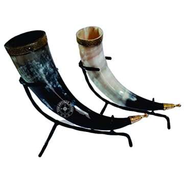 Set of Two Ox Horn Drinking Beer Mug Brass Rim Medieval Viking Cup With Iron Stand