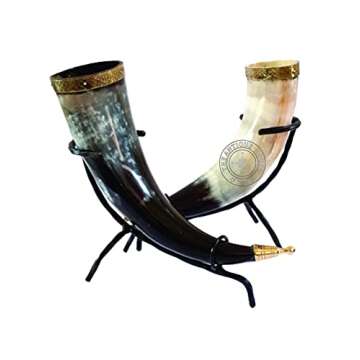 Set of Two Ox Horn Drinking Beer Mug Brass Rim Medieval Viking Cup With Iron Stand