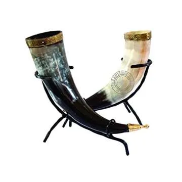 Set of Two Ox Horn Drinking Beer Mug Brass Rim Medieval Viking Cup With Iron Stand