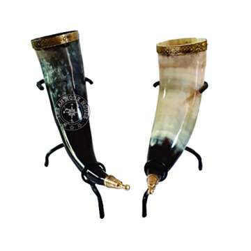 Set of Two Ox Horn Drinking Beer Mug Brass Rim Medieval Viking Cup With Iron Stand