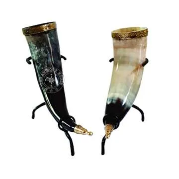 Set of Two Ox Horn Drinking Beer Mug Brass Rim Medieval Viking Cup With Iron Stand