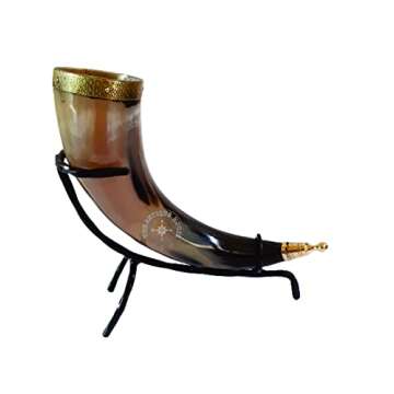 Set of Two Ox Horn Drinking Beer Mug Brass Rim Medieval Viking Cup With Iron Stand