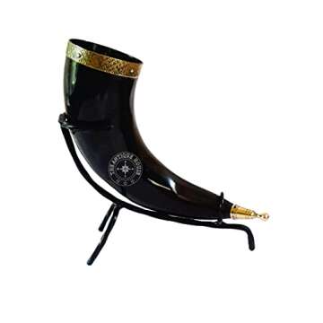 Set of Two Ox Horn Drinking Beer Mug Brass Rim Medieval Viking Cup With Iron Stand