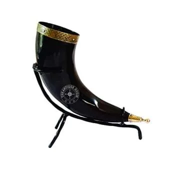 Set of Two Ox Horn Drinking Beer Mug Brass Rim Medieval Viking Cup With Iron Stand