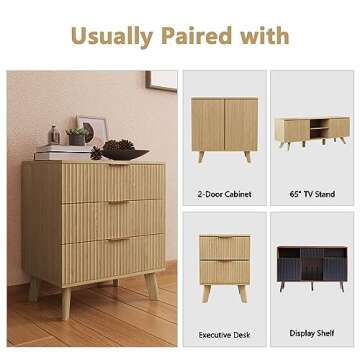 XUZENEST Fluted 3 Drawer Dressers, Modern Closet Dressers Chest of Drawers, Wood Storage Dresser Chest of Drawers Organizer for Bedroom Living Room Hallway Closet,Natural, 2 Sets