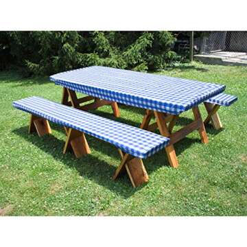 HomeCrate Checkered 72 Inch Picnic Table and Bench Fitted Tablecloth Cover, 3-Piece, Blue
