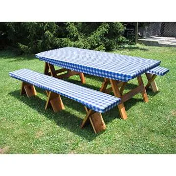 HomeCrate Checkered 72 Inch Picnic Table and Bench Fitted Tablecloth Cover, 3-Piece, Blue