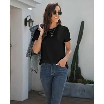 KevaMolly Basic Black T Shirts for Women UPF 50+ Short Sleeve Casual Solid Summer Tops Trendy Solid Loose Fit Tshirt S
