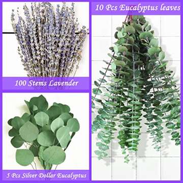 115 PCS Large Dried Preserved Eucalyptus Stems & Lavender Flowers Bundle for Shower, 17'' Real Fresh Hanging Silver Dollar Leaves, Aromatic Self-Care Shower Plants, Natural Fragrance, Home Decor
