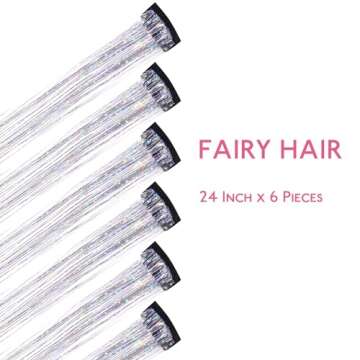 WENNALIFE Hair Tinsel Clip In Hair Tinsel for Girls Silver, 6pcs 24 inch Hair Tinsel Clips Tinsel Ha...
