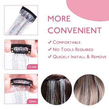 WENNALIFE Hair Tinsel Clip In Hair Tinsel for Girls Silver, 6pcs 24 inch Hair Tinsel Clips Tinsel Hair Extensions Clip in Colorful Glitter Tinsel Hair Clips Sparkle Fairy Hair Accessories for Kids