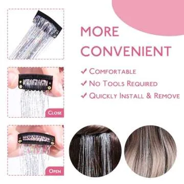 WENNALIFE Hair Tinsel Clip In Hair Tinsel for Girls Silver, 6pcs 24 inch Hair Tinsel Clips Tinsel Hair Extensions Clip in Colorful Glitter Tinsel Hair Clips Sparkle Fairy Hair Accessories for Kids