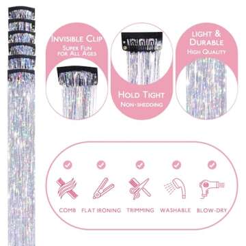 WENNALIFE Hair Tinsel Clip In Hair Tinsel for Girls Silver, 6pcs 24 inch Hair Tinsel Clips Tinsel Hair Extensions Clip in Colorful Glitter Tinsel Hair Clips Sparkle Fairy Hair Accessories for Kids