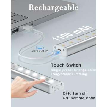 SZOKLED 20LED Under Cabinet Lighting Remote Control, Wireless Under Cabinet Lights Rechargeable Under Counter Lights for Kitchen, Hallway, Display, Multiple Colors 4 Pack