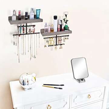 Keebofly Hanging Wall Mounted Jewelry Organizer with Rustic Wood Jewelry Holder Display for Necklace...