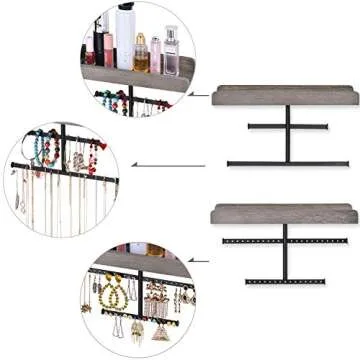 Keebofly Hanging Wall Mounted Jewelry Organizer with Rustic Wood Jewelry Holder Display for Necklaces Bracelet Earrings Ring Set of 2 Weathered Grey,[Patented]