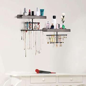 Keebofly Hanging Wall Mounted Jewelry Organizer with Rustic Wood Jewelry Holder Display for Necklaces Bracelet Earrings Ring Set of 2 Weathered Grey,[Patented]