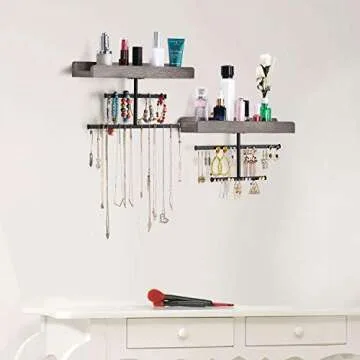 Keebofly Hanging Wall Mounted Jewelry Organizer with Rustic Wood Jewelry Holder Display for Necklaces Bracelet Earrings Ring Set of 2 Weathered Grey,[Patented]