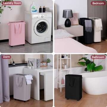 efluky Laundry Basket, Slim Laundry Basket with Wheels, Rolling Laundry Basket for Clothes, Small Laundry Basket for Bedroom, Dorm and Laundry Room, 48L (12.7 Gallons) Beige