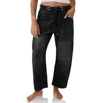 PLNOTME Women's Baggy Barrel Horseshoe Jeans | Low Rise Denim with Pockets