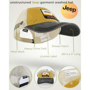 Jeep Have Fun Out There Patch Garment Washed Trucker Hat Unstructured (US, Alpha, One Size, Yellow)