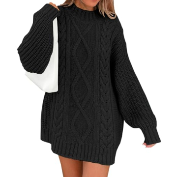 LILLUSORY Women's Crewneck Oversized Sweater Dress 2024 Fall Fashion Cable Knit Long Sleeve Dresses Chunky Pullover Tops Black S