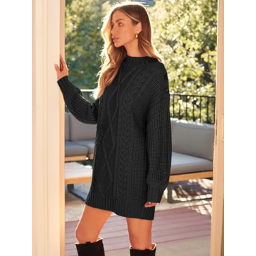 LILLUSORY Women's Crewneck Oversized Sweater Dress 2024 Fall Fashion Cable Knit Long Sleeve Dresses Chunky Pullover Tops Black S