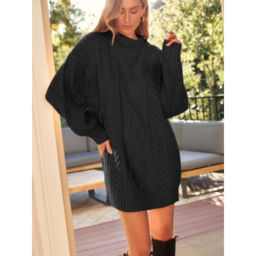 LILLUSORY Women's Crewneck Oversized Sweater Dress 2024 Fall Fashion Cable Knit Long Sleeve Dresses Chunky Pullover Tops Black S