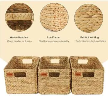 Bobovie Large Wicker Storage Baskets, Set of 3, Water Hyacinth Basket Organizer, 14.2x10.2x8.7H Inches -Great Storage Solution for Shelf and Pantry Storage