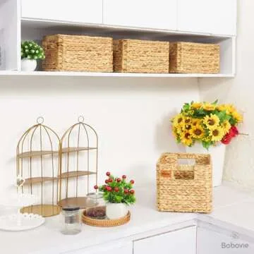 Bobovie Large Wicker Storage Baskets, Set of 3, Water Hyacinth Basket Organizer, 14.2x10.2x8.7H Inches -Great Storage Solution for Shelf and Pantry Storage