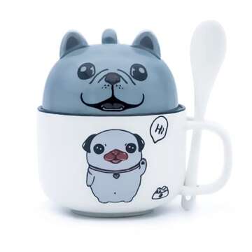 SQKJ Cute Pug Ceramic Coffee Mugs Tea Cups with Novelty Spearate Cup Lid & Spoon Lovely Dog Design G...