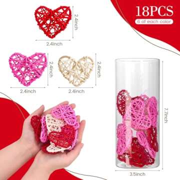 DomeStar 18PCS Heart Rattan Balls, Valentines Day Rattan Balls Natural Wicker Heart Shaped Balls 3 Colors for Valentine's Day Wedding DIY Craft Home Decor Vase Fillers