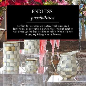 MACKENZIE-CHILDS Enamel Pitcher with Spout for Water, Cut Flowers, and Home Decor, 3 Quarts, Gray-and-White Sterling Check