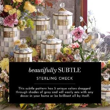 MACKENZIE-CHILDS Enamel Pitcher with Spout for Water, Cut Flowers, and Home Decor, 3 Quarts, Gray-and-White Sterling Check